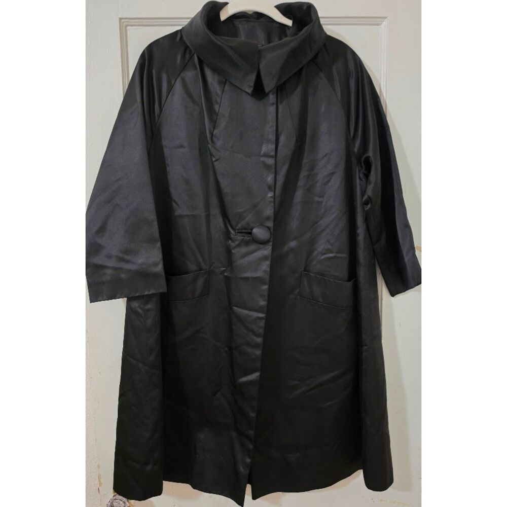 VTG Edmunds of Denver Black Satin Opera Swing Coat Portrait Funnel Collar S/M